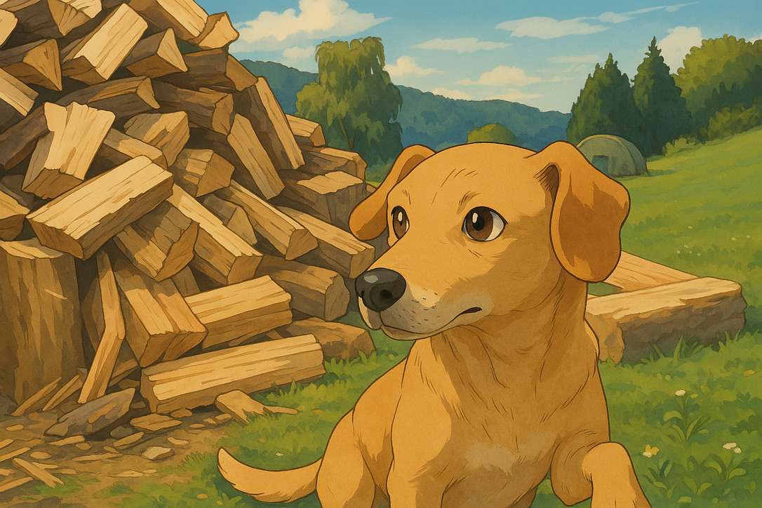 Ghibli style image of dog sitting near a woodpile in a grassy field